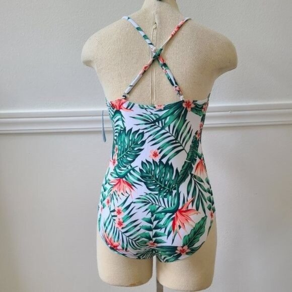 IFFEI white green orange Tropical floral Swimsuit, adjustable straps L - Picture 3 of 6